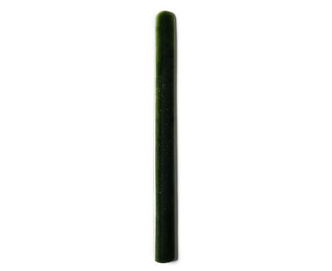 A SPINACH GREEN JADE PAPER KNIFE thinly carved of elongated rectangular shape with rounded ends, the well-polished stone of d