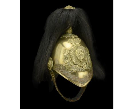 1st Royal Dragoons 1871 pattern Trooper’s Helmet. A good Victorian example, with brass skull, plume holder and black horse ha
