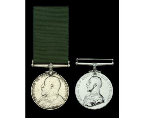 Colonial Auxiliary Forces Long Service Medal (2), E.VII.R. (S.Sergt. Signaller R. W. Clarke. P.A.O.C.F. Arty.) G.V.R. (Bde. Q