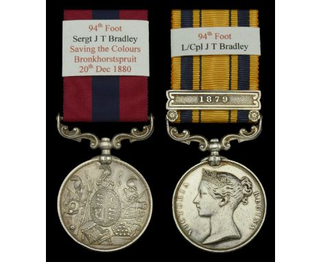 A rare First Boer War ‘Saving the Colours at Bronkhorstspruit’ D.C.M. pair awarded to Sergeant J. T. Bradley, 94th Regiment o