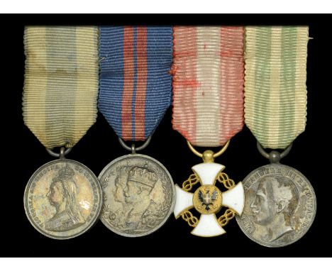 A unattributed ‘Messina Earthquake’ mounted group of four miniature dress medals Jubilee 1897, silver; Coronation 1911; Italy