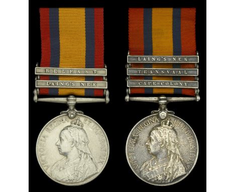 Queen’s South Africa 1899-1902 (2), 2 clasps, Laing’s Nek, Belfast (76788 Dvr: J. Symonds. R.F.A.); 3 clasps, Cape Colony, Tr