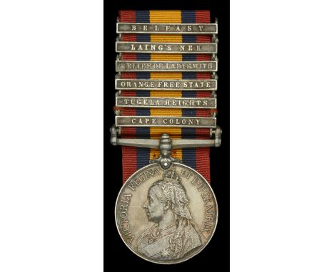 Queen’s South Africa 1899-1902, 6 clasps, Cape Colony, Tugela Heights, Orange Free State, Relief of Ladysmith, Laing’s Nek, B
