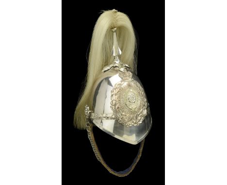 Yorkshire Dragoons 1871 pattern Trooper’s Helmet. A fair Victorian example, with plated skull, plume holder and white horseha