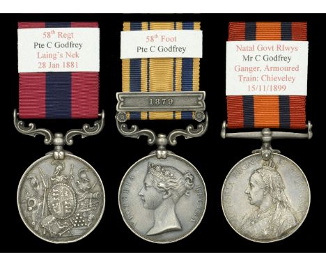 A rare First Boer War ‘Laing’s Nek’ D.C.M. group of three awarded to Private C. Godfrey, 58th Regiment of Foot, later 2nd Bat