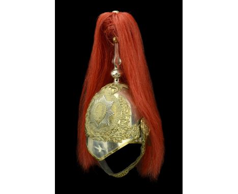 Household Cavalry, Life Guards 1871 pattern Trooper’s Helmet. A good example, with white metal skull, plume holder and red ho