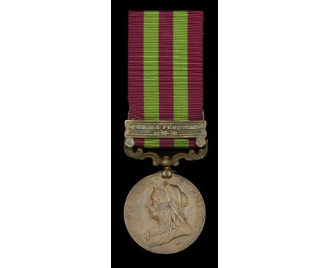 India General Service 1895-1902, 1 clasp, Punjab Frontier 1897-98, bronze issue (Syce Madaar. 11th Hussars.) suspension claw 