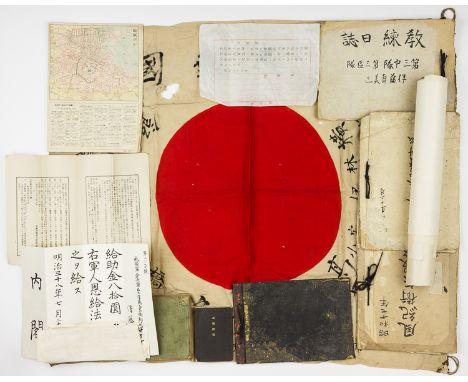 JAPANESE SAILOR'S "GOOD LUCK" FLAG AND DOCUMENTS GROUPING A rare grouping of items from a Japanese petty officer, first class