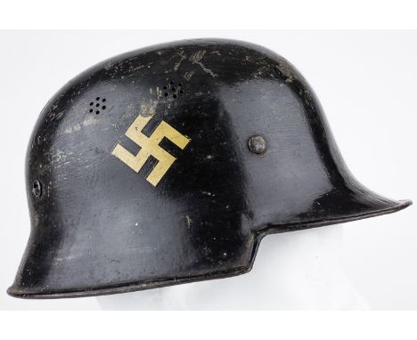 FEUERSCHUTZPOLIZEI M34 HELMETFeuerpolizei M34 civil style double decal helmet, painted in black with canted swastika and nati