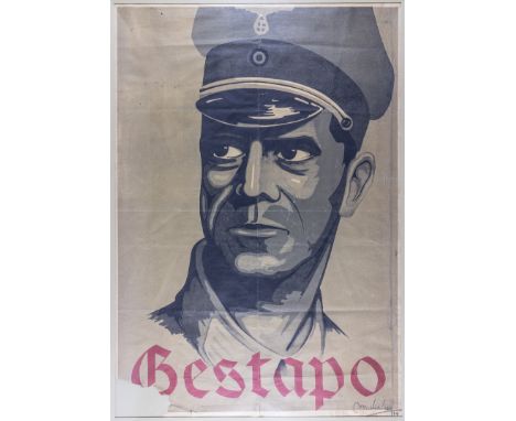POST-WAR "GESTAPO" POSTERPost-war "Gestapo" poster oft touted as a war-date item yet still a compelling piece, 16" x 23 1/4" 