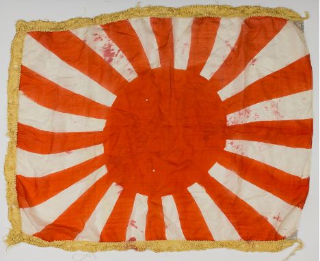 JAPANESE FLAGS Pair of Japanese flags, includes a decorative Japanese Army battle flag in silk with yellow fringe, some red i