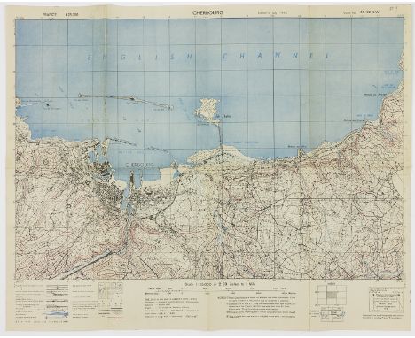 U.S. ARMY 1943 TOPOGRAPHICAL MAP OF CHERBOURGScarce D-Day related map "Cherbourg", a 24" x 19 1/4" topographical map showing 