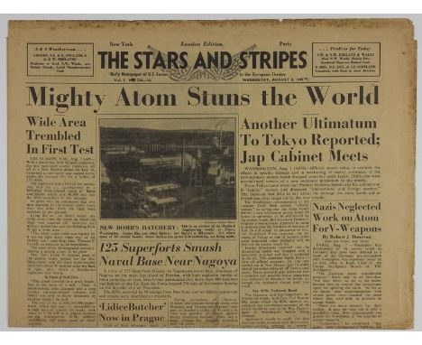 "STARS AND STRIPES" REPORTS ON THE ATOMIC BOMBIssue of "The Stars and Stripes", 4pp. folio, Aug. 8, 1945, featuring the banne