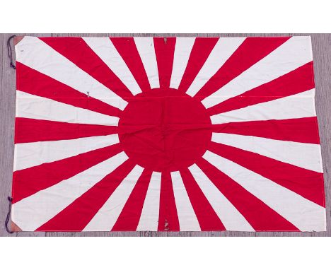 JAPANESE ARMY BATTLE FLAGJapanese Army battle flag, approx. 62" x 40" cotton, leather tabs sewn to the corners along the hois