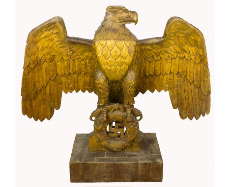 MONUMENTAL "NUREMBERG" HAND-CARVED WOODEN EAGLEA most impressive, monumental hand-carved wooden statue of a Third Reich "poli