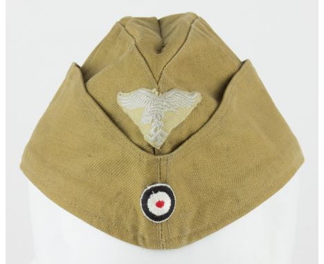 LUFTWAFFE TROPICAL OVERSEAS CAPOverseas-style military cap, or "Feldmutze", approx. 11" x 4", of brown wool, with a Wehrmacht