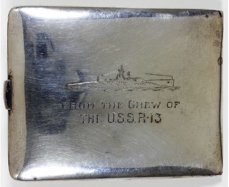 AMERICAN SUBMARINE R-13 PRESENTATION SILVER CIGARETTE CASESilver cigarette case, 3 3/4" x 3", bearing the initials "PM", engr