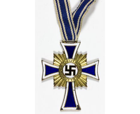 GERMAN MOTHER'S CROSS IN GOLDA Cross of Honor of the German Mother in Gold, 1 1/4" x 1 3/4", consisting of a blue and white e