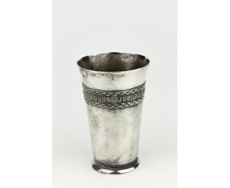 SILVER PRESENTATION GOBLETPresentation silver plated goblet, 6" tall and 3 1/2" wide at the rim. There is a silver raised ban