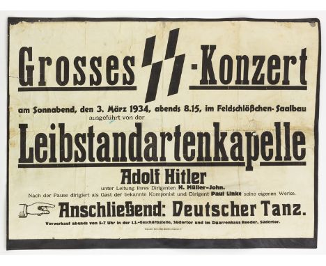 SS CONCERT POSTERLarge paper poster, 19 1/4" x 27 1/4", advertising a "Grosse SS-Konzert" (Grand SS Concert), to be held on M