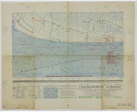 UTAH BEACH SOUTH - INVASION MAP OF LANDING CRAFT AND BEACH DEFENSESHighly important and historical map intended for use in th