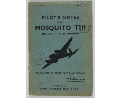 "PILOT'S NOTES FOR MOSQUITO TIII & T29"Excellent British Air Ministry publication, 32pp. 8vo. with two fold-outs in the rear,