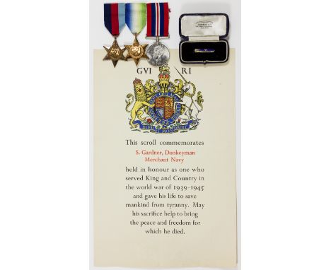 BRITISH MERCHANT MARINE MEDAL, PIN AND CERTIFICATE GROUPINGExcellent, rare assemblage of items related to the invaluable serv