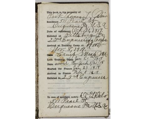 WORLD WAR I AMERICAN SOLDIER'S JOURNALThe manuscript diary of U.S. Army Pvt. Thomas Oskin, executed in a pre-printed "Army an