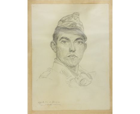 SKETCH OF AN AFRIKA KORPS SOLDIER BY HANS VOLKMAROriginal sketch in graphite, 10 1/2" x 14 1/2", a chest-up portrait of a you