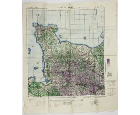 BRITISH WAR OFFICE MAP OF CHERBOURG AND CAEND-Day related map "Cherbourg & Caen", 30" x 35", a topographical and road map sho