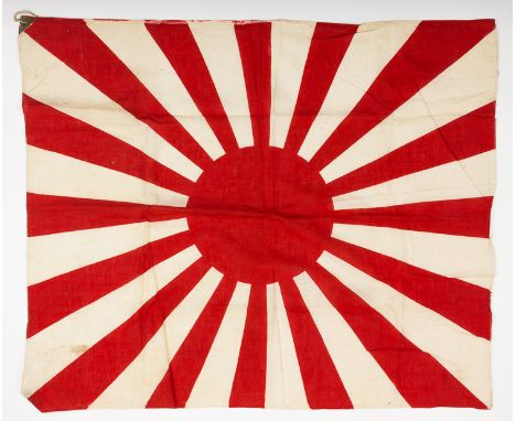 JAPANESE ARMY BATTLE FLAGJapanese army combat flag, 32" x 17" cotton depicting a sun and rays at the center, two reinforced t