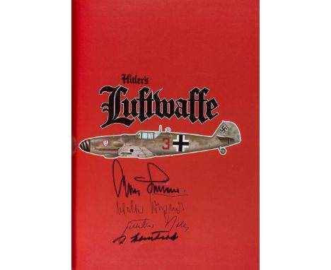 GERMAN ACE SIGNED BOOKFine Luftwaffe book signed by four aces and a German aircraft designer: "Hitler's Luftwaffe" (New York: