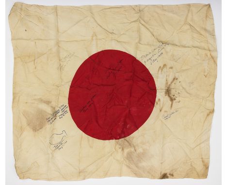 JAPANESE FLAG SIGNED BY ATOMIC BOMB FLIGHT CREWMENAn items rarely seen signed by any Enola Gay or Bocks Car crewmen, a World 