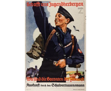 DEUTSCHES JUNGVOLK YOUTH HOSTEL POSTERColorful Third Reich-era poster, 16 3/4" x 11 1/2", entitled "Schafft uns Jugendherberg