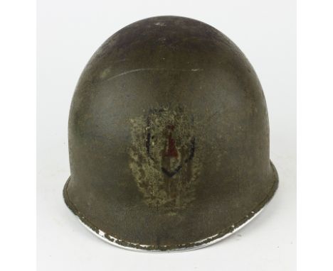 M1 HELMET WITH 1ST INFANTRY DIVISION INSIGNIAUnited States Army M1 steel helmet shell and liner. The shell features fixed str