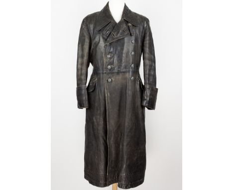 GERMAN OFFICER'S BROWN LEATHER OVERCOATGerman military officer's full-length brown leather jacket, double-breasted with five 