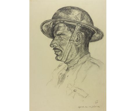 SKETCH OF A BRITISH P.O.W. BY HANS VOLKMAROriginal sketch in graphite, 10 3/4" x 15 1/4", a chest-up profile portrait of a mu