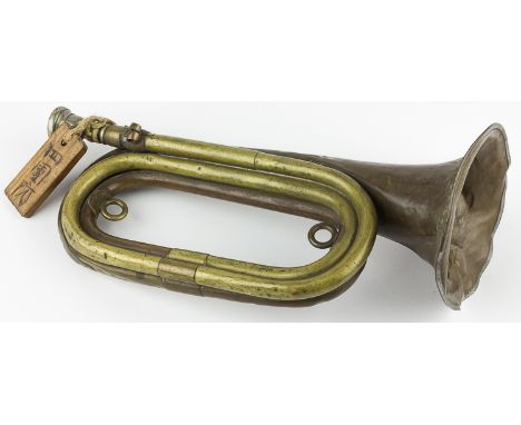 JAPANESE ARMY BUGLEJapanese army bugle, 11" long overall, brass body with dented horn, steel mouthpiece. With Japanese tag at