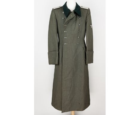 SS OFFICER'S GREATCOATThird Reich-era field-gray wool gabardine greatcoat, double-breasted with six green-painted pebbled met