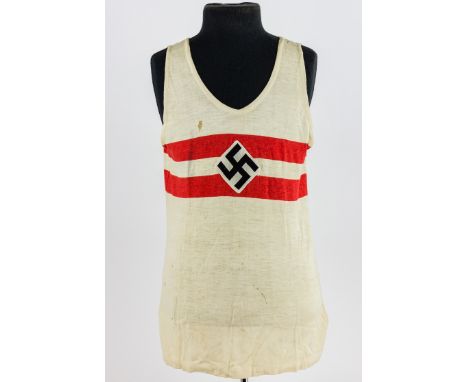HITLER YOUTH ATHLETIC SHIRTSGroup of two sleeveless Hitler youth athletic shirts, both of white cotton with printed red bands