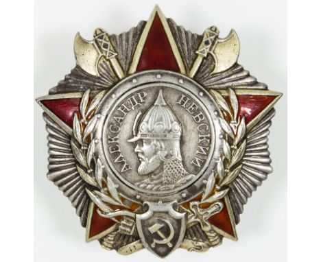 ORDER OF ALEXANDER NEVSKY AWARDED A MACHINE GUN BATTALION LEADERScarce Soviet Order of Alexander Nevsky, Type 3 screw back, s