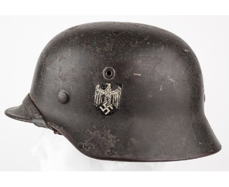 HEER M35 HELMETHeer M35 helmet, original field gray paint heavily worn with Wehrmacht eagle decal about 80%, national colors 