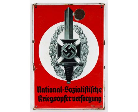 NATIONAL SOCIALIST WAR VICTIM'S CARE SIGNEnameled metal sign, 18 1/4" x 27", depicting a swastika-emblazoned Iron Cross over 