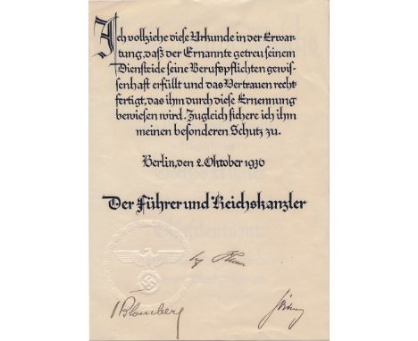 ADOLF HITLER A most unusual and important manuscript D.S., 2pp. large 4to., Berlin, October 2, 1936, being the promotion wrou