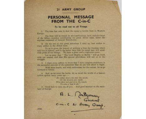 GEN. BERNARD L. MONTGOMERY D-DAY MESSAGE TO THE TROOPSScarce printed message above his facsimile signature with rank, Gen. Be