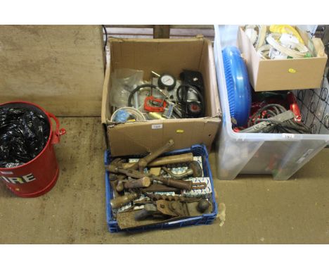 Two boxes containing various tools to include smoothing plane, hand brace, air inflation gun, foot pump etc. 