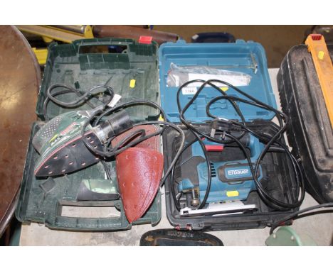 A Bosch PSM100 240v sander, in fitted plastic case; with a quantity of sanding pads and an Erbauer 230v electric jigsaw, in f