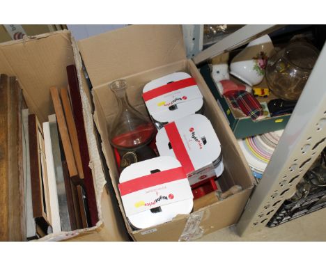 A box containing wine glass sets, wooden rolling pin etc