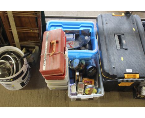 A quantity of various fixings, nails, screws and a plastic tool box containing electrical connectors etc.