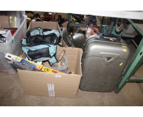 Three boxes containing various items to include handsaws, backpacks, metal lamp, string and a Antler small travel case